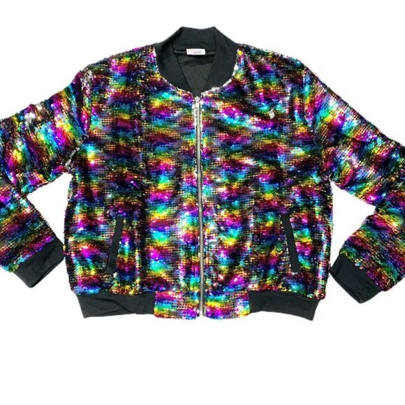 LuLaRoe Elegant Mermaid Bright Rainbow Sequins Stevie Bomber Jacket - Picture 2 of 6